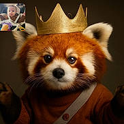 Thélio participe au concours pour gagner de l'argent avec cette photo : red_panda, crown, brown_sweater, animal, portrait, baby, child, car_seat, toys, cute, furry, whimsical, inset_photo, closeup, face, eyes, ears, soft_lighting, indoor, adorable