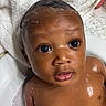 baby, child, bath, water, soap, towel, skin, face, eyes, wet, cute, infant, head, portrait, expression, person, young, clean, hand, closeup