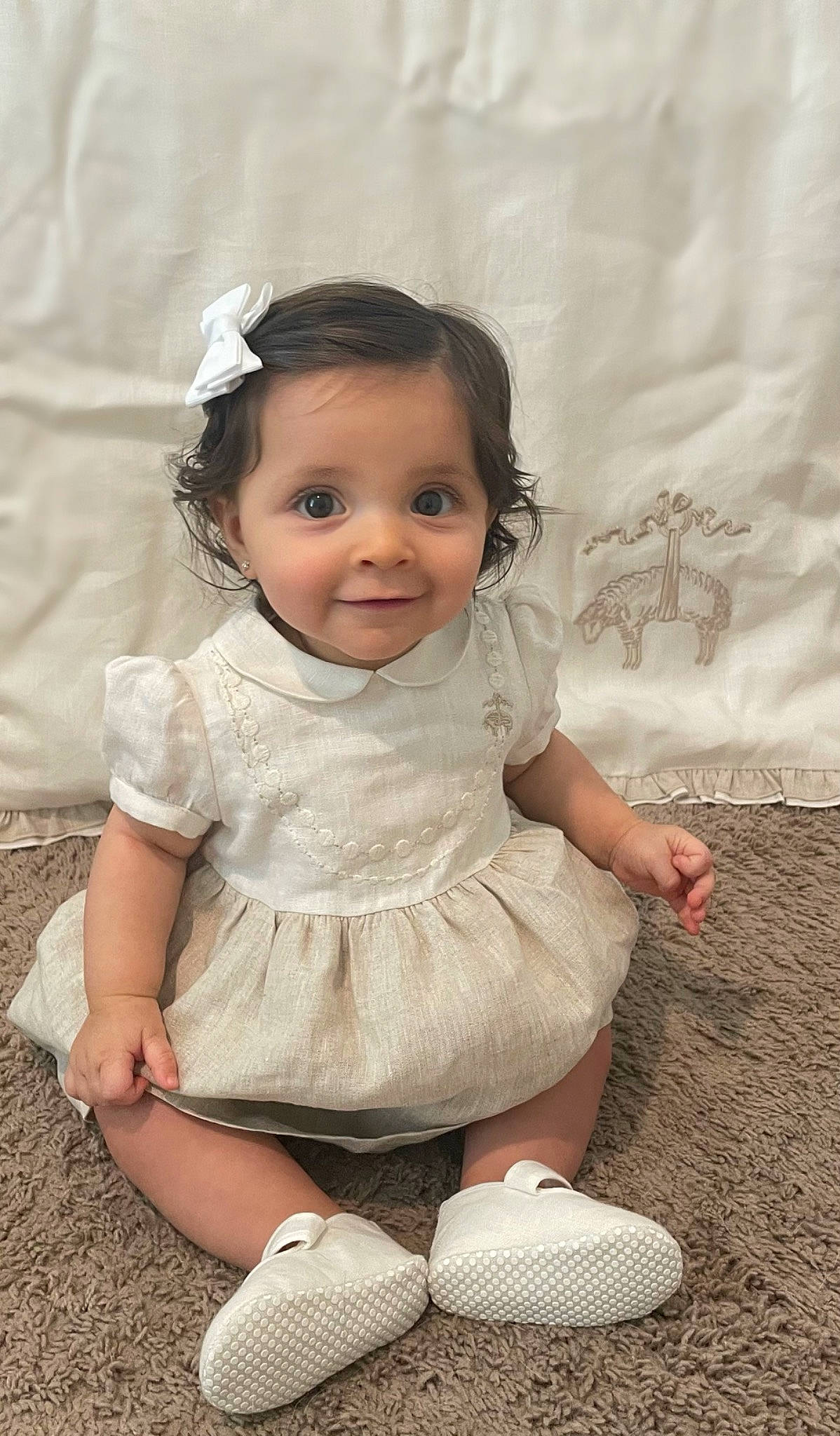 Presley joined the competition — help win amazing prizes! baby_toddler_clothing, cheek, dress, eye, face, facial_expression, finger, flash_photography, hair, hand, happy, human, iris, joy, lip, person, pink, skin, sleeve, smile