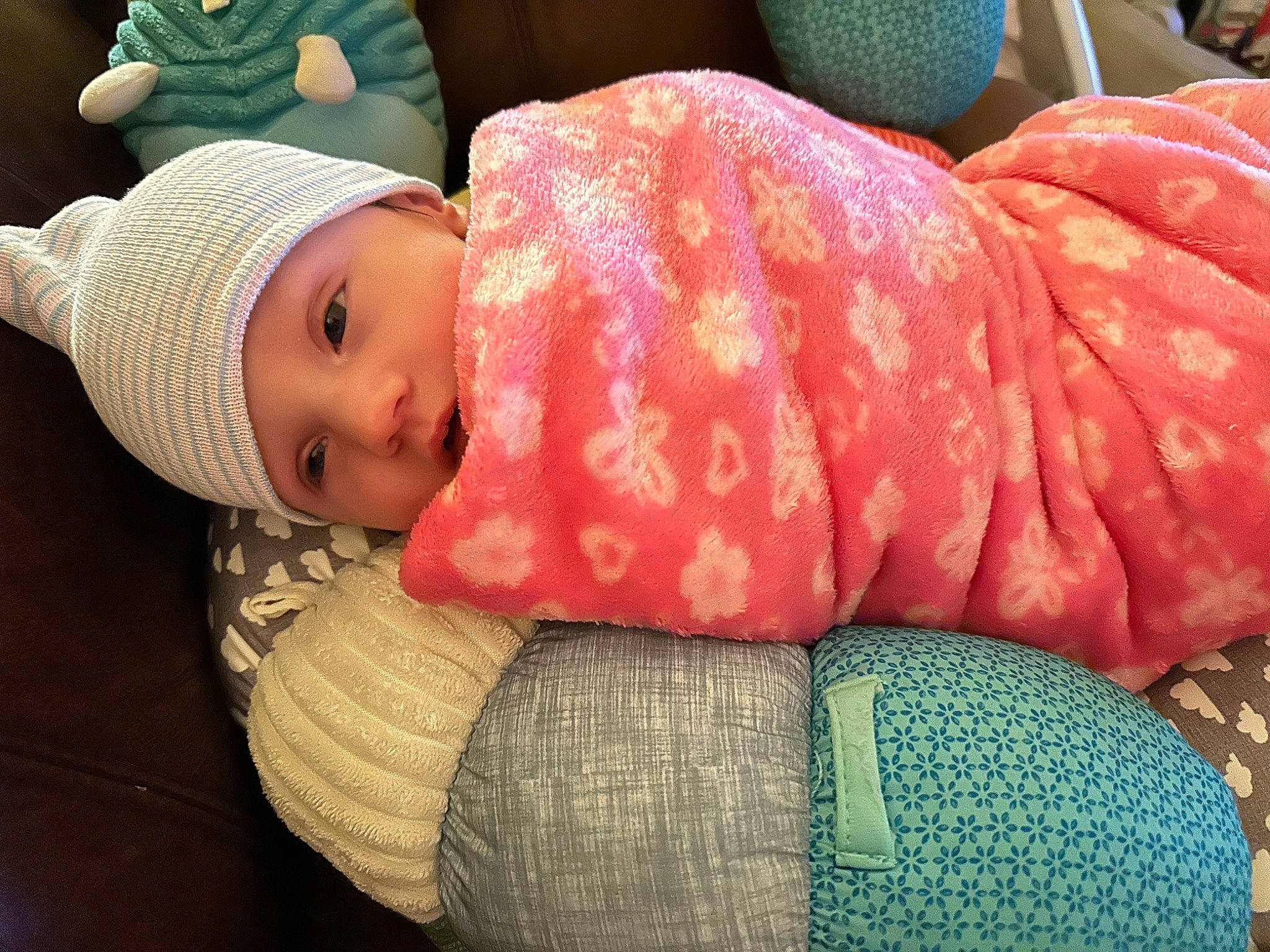 Harley is registered to the contest to win money with this photo: baby, baby_products, baby_toddler_clothing, cap, cheek, comfort, doll, eye, fashion_accessory, hat, head, headgear, headwear, human_body, human_leg, knit_cap, linens, lip, person, thigh