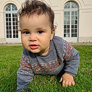 Kaïs participe au concours pour gagner de l'argent avec cette photo : toddler, child, grass, outdoor, crawling, sweater, curly_hair, face, building, windows, greenery, daylight, person, young_child, nature, casual_clothing, exploration, cute, curiosity, architecture