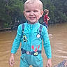 child, boy, water, swimsuit, smiling, outdoor, nature, trees, river, tattoo, arm, play, summer, fun, happy, person, forest, wading, casual, daytime