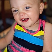 Sophie is registered to the contest to win money with this photo: toddler, child, smiling, blue_eyes, colorful_clothing, striped_dress, portrait, happy, cute, indoor, baby, person, face, head, skin, young_child, short_hair, cheerful, casual_wear, closeup