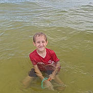 Desmond is registered to the contest to win money with this photo: child, boy, water, lake, red_shirt, smile, outdoor, nature, sky, clouds, horizon, sitting, shallow_water, playful, daylight, summer, fun, person, wet, recreation