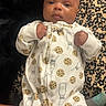 Nyaire is registered to the contest to win money with this photo: baby, infant, onesie, milk, cookie, pattern, blanket, face, hands, clothing, lying_down, cute, child, fist, fabric, bed, portrait, indoor, person, newborn