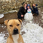 Oggy participe au concours pour gagner de l'argent avec cette photo : dog, snow, snowman, family, children, woman, wooden_deck, stone_wall, potted_plant, winter_clothing, hooded_jacket, mask, sunglasses, outdoor, portrait, closeup, playful, pet, smile, photobomb