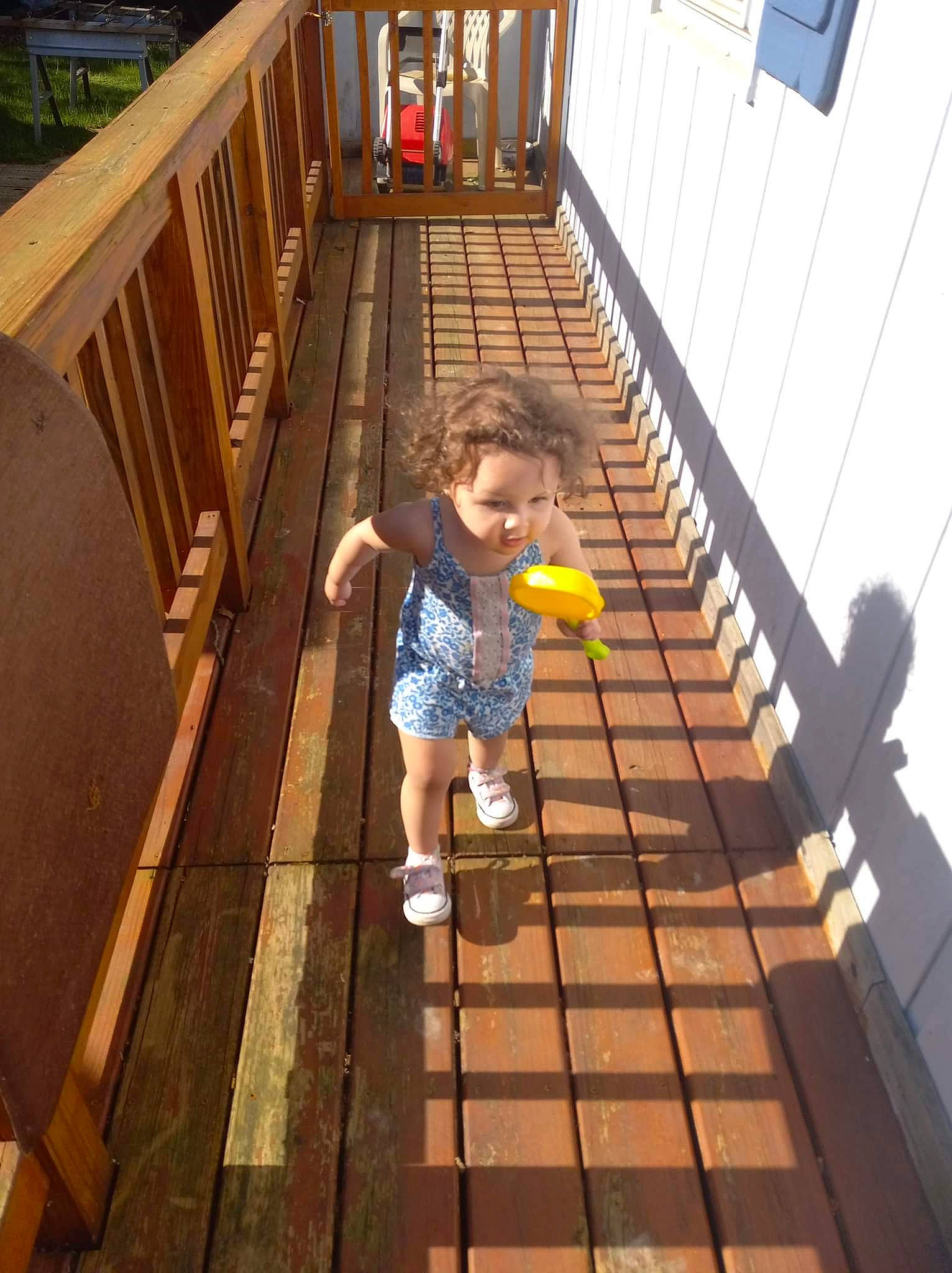 Caliana is registered to the contest to win money with this photo: child, composite_material, flooring, fun, handrail, hardwood, house, human_leg, leisure, person, plant, porch, recreation, shorts, stairs, symmetry, t_shirt, thigh, toddler, wood
