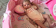Ireland is registered to the contest to win money with this photo: baby, infant, pink, play_gym, toy, pillow, bed, blanket, cute, person, child, indoor, fabric, pattern, face, small, clothing, resting, colorful, soft