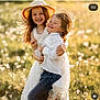 children, smiling, embrace, sunhat, field, wildflowers, sunlight, happy, outdoor, nature, portrait, grass, summer, playful, cute, boy, girl, casual_clothing, joy, carefree