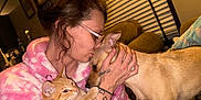 Nala is registered to the contest to win money with this photo: affection, animal, brown_couch, cat, comfort, cozy, cuddle, dog, furniture, glasses, hoodie, indoor, light_skin, love, orange_cat, person, pet, tan_dog, tattoo, window_blinds