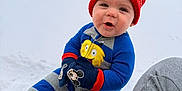 Xander joined the competition — help win amazing prizes! baby, child, toddler, snow, winter, beanie_hat, pom_pom, mittens, mickey_mitten, onesie, striped_pants, red_shoes, sitting, smiling, outdoor, car, driveway, cold_weather, cute, portrait