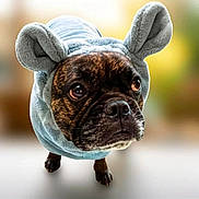 Sunti participe au concours pour gagner de l'argent avec cette photo : adorable, animal, background_blur, brindle, bunny_ears, close_up, costume, cute, dog, domestic_animal, expression, fur, hoodie, indoor, looking_up, mammal, pet, portrait, small_dog, soft_texture