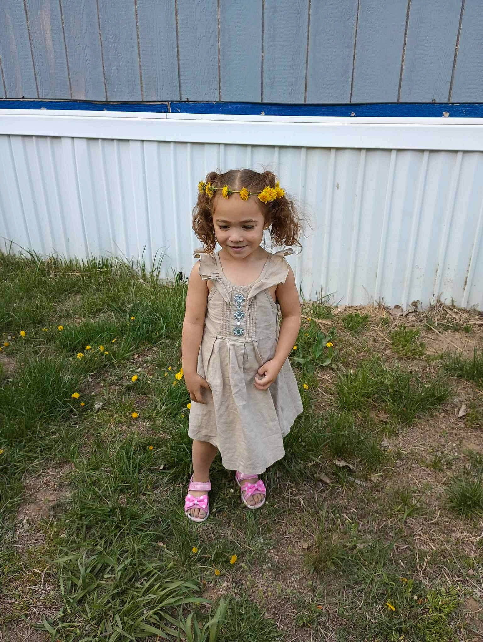Melody joined the competition — help win amazing prizes! baby_toddler_clothing, bangs, child, dress, fence, garden, grass, grassland, hair, happy, hime_cut, joy, pattern, people_in_nature, person, petal, plant, sitting, smile, toddler