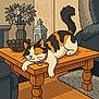Arillea is registered to the contest to win money with this photo: animal, calico_cat, cartoon, cat, cozy, decor, flowers, furniture, home, illustration, indoor, lantern, living_room, pet, relaxing, rug, sofa, table, vase, wooden_table
