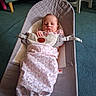 Aerial is registered to the contest to win money with this photo: baby, blanket, baby_seat, carpet, chair, couch, face, indoor, infant, person, plush, resting, seated, soft_lighting, toddler, wearing_clothes, wooden_chair, green_couch, home_interior, quiet