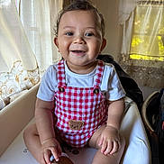 Sasher is registered to the contest to win money with this photo: baby, brown_shoes, checkered_outfit, child, curtains, cute, fashion, happy, high_chair, home, indoors, portrait, red, shoes, sitting, smiling, sunlight, toddler, white, window