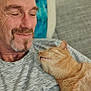 man, bald, glasses, cat, orange_cat, pet, couch, smile, indoor, relaxation, affection, casual_clothing, closeup, resting, domestic_animal, human_animal_interaction, happy, portrait, feline, comfort