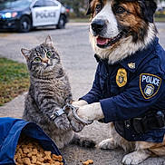 Scar a rejoint le concours — aidez-le/la à gagner de superbes lots ! dog, cat, police_uniform, handcuffs, police_car, sidewalk, dog_treats, bag, outdoor, animal, funny, costume, pet, law_enforcement, arrest, brown_fur, gray_fur, green_eyes, street, daytime