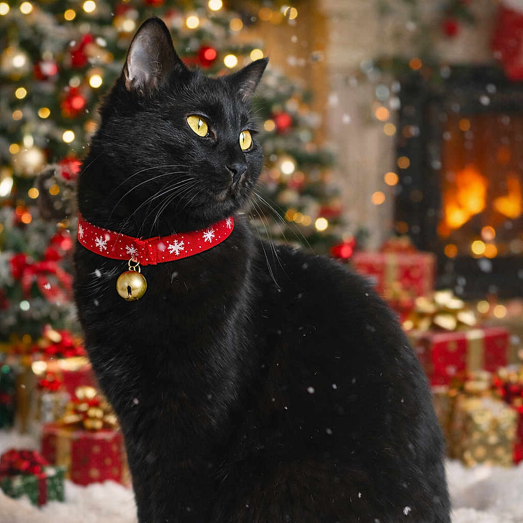 Stormy participe au concours pour gagner de l'argent avec cette photo : bell, black_cat, bokeh, cat, celebration, christmas_lights, christmas_presents, christmas_tree, decorations, festive, fireplace, holiday, indoor, pets, red_collar, snow, snowflakes, warm_light, winter, yellow_eyes