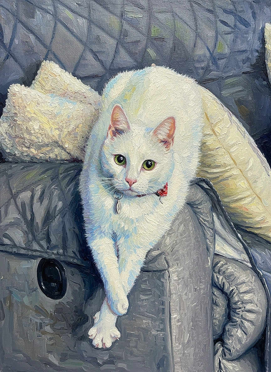 Beau joined the competition — help win amazing prizes! white_cat, cat, painting, oil_painting, portrait, green_eyes, couch, gray_couch, pillow, texture, brush_strokes, artistic, animal, pet, feline, indoor, relaxed, decor, soft_lighting, close_up