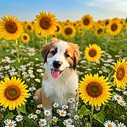 Kaia joined the competition — help win amazing prizes! puppy, dog, sunflower, daisy, flower_field, grass, nature, outdoor, sky, blue_sky, greenery, happy, tongue_out, pet, animal, summer, bright, cute, fluffy, portrait