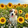 puppy, dog, sunflower, daisy, flower_field, grass, nature, outdoor, sky, blue_sky, greenery, happy, tongue_out, pet, animal, summer, bright, cute, fluffy, portrait