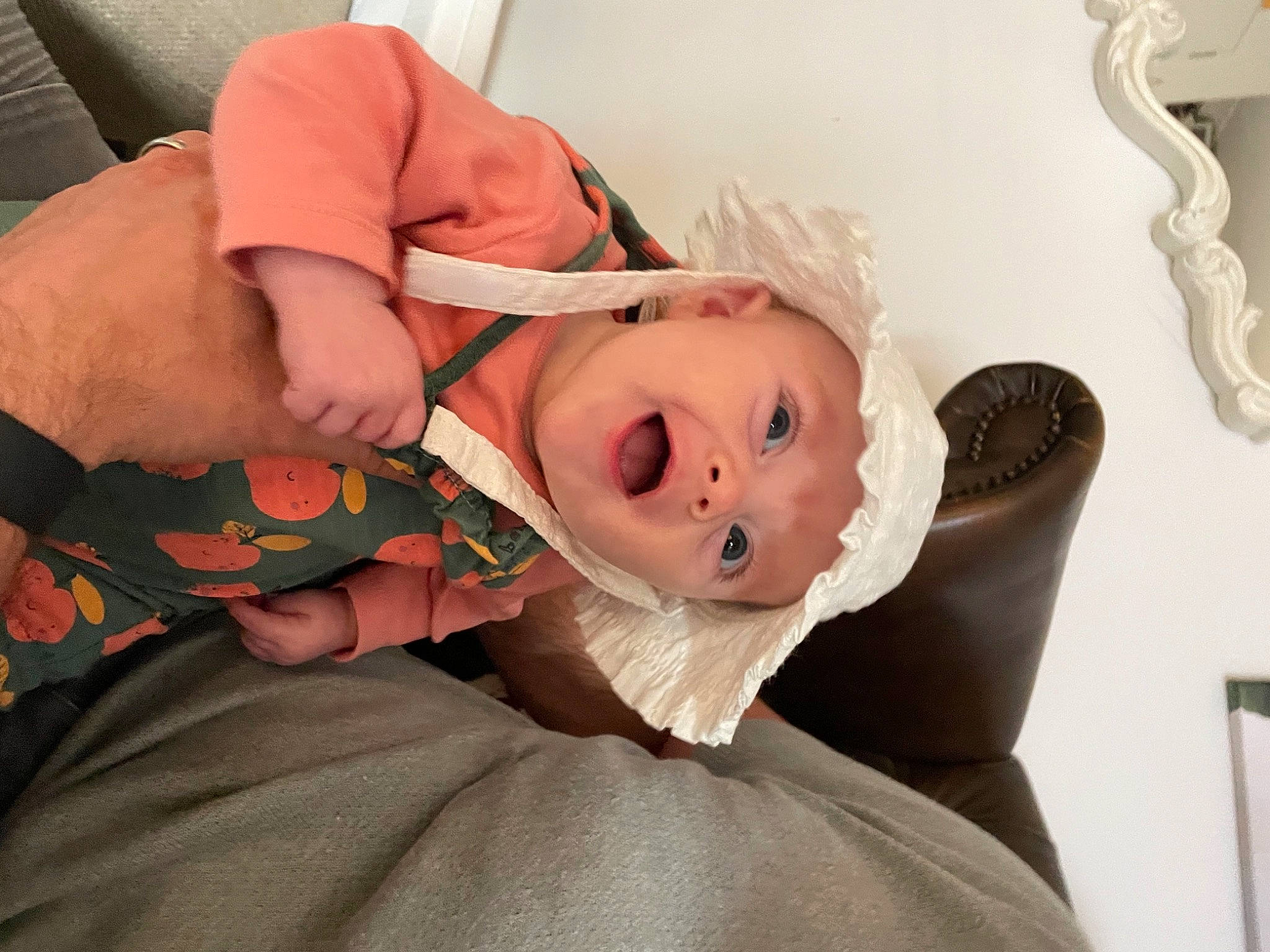 Aurelia is registered to the contest to win money with this photo: baby, blond, cheek, comfort, eye, eyelash, facial_expression, fun, happy, hat, headwear, joint, lip, mouth, neck, person, room, shoulder, sitting, skin
