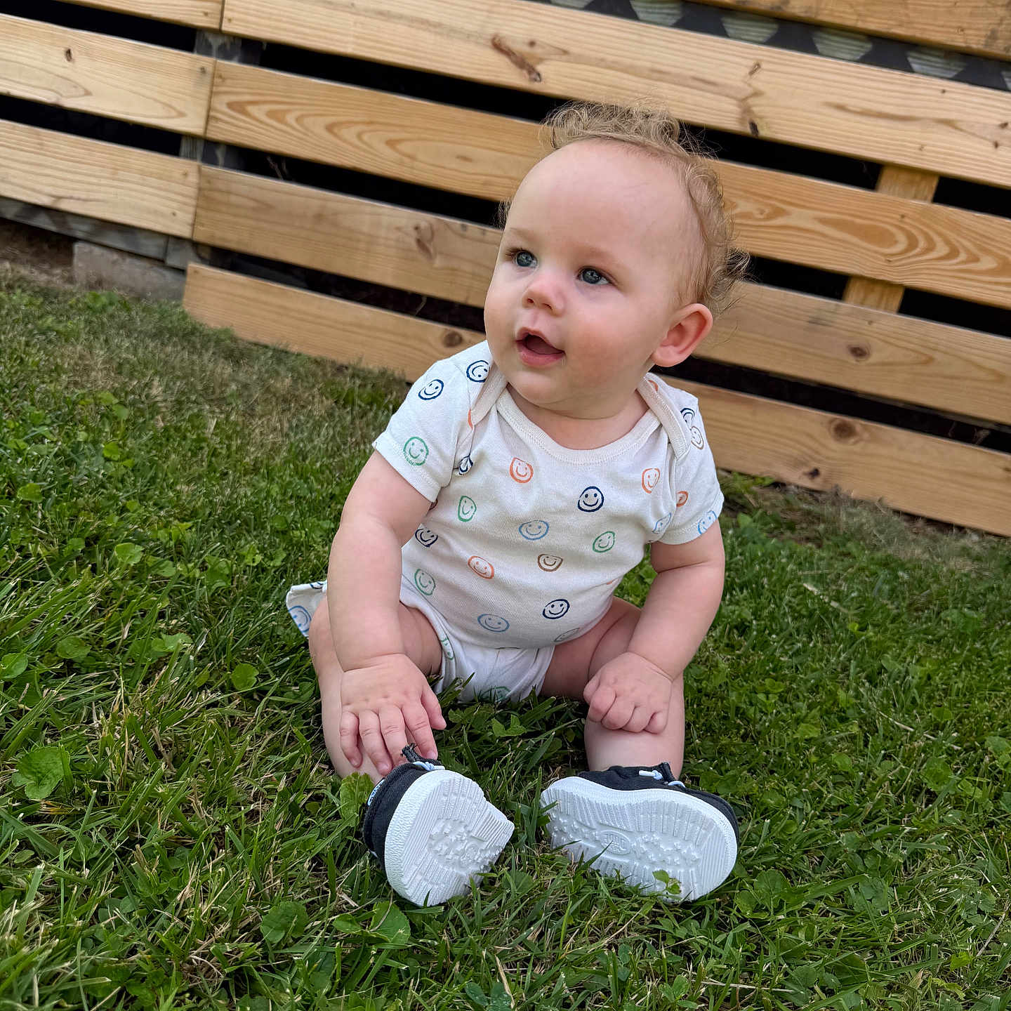 Kingston is registered to the contest to win money with this photo: baby, child, infant, sitting, grass, outdoor, wooden_fence, backyard, onesie, smiley_pattern, shoes, white_shoes, portrait, face, blue_eyes, blond_hair, curious, happy, lawn, daylight