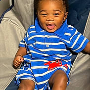 Kason joined the competition — help win amazing prizes! baby, child, smiling, striped_clothing, blue, red_crab, sitting, chair, happy, cute, infant, portrait, indoor, face, legs, feet, shorts, collar, buttoned_shirt, skin