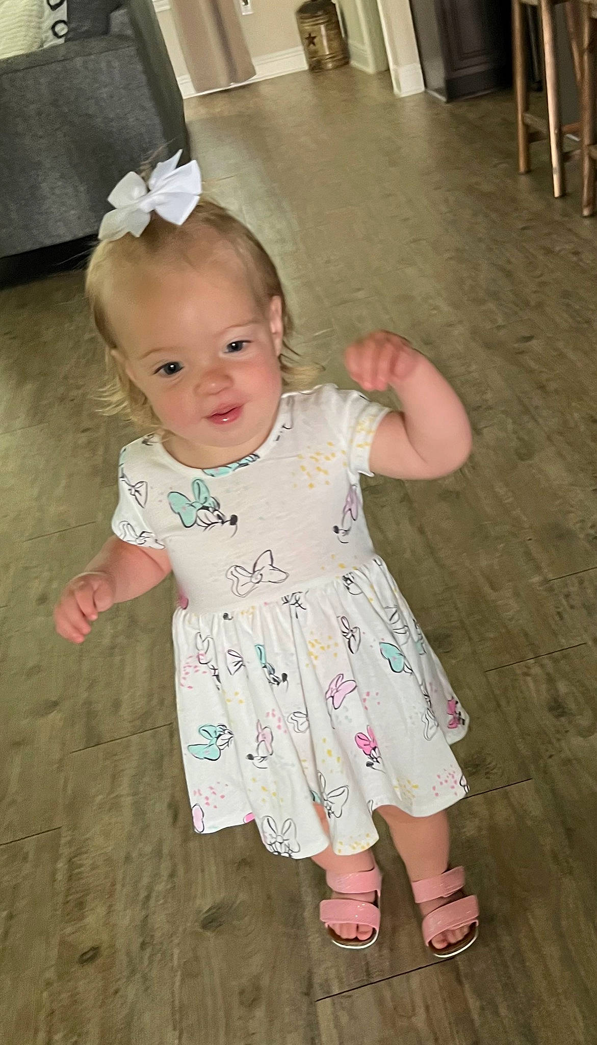 Adalyn joined the competition — help win amazing prizes! baby, baby_toddler_clothing, cheek, dress, eye, finger, floor, flooring, fun, hairstyle, hand, happy, iris, organ, person, pink, skin, sleeve, standing, toddler