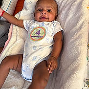 Kiran is registered to the contest to win money with this photo: arm, baby, blanket, child, comfort, cute, fabric, hand, happy, head, indoors, infant, leg, lying_down, onesie, portrait, skin, smiling, soft, sticker