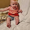 Lilly-Ann joined the competition — help win amazing prizes! baby, child, infant, sitting, bed, blanket, pillow, gingham, dress, red, white, smiling, surprised, indoor, portrait, face, feet, barefoot, home, cozy