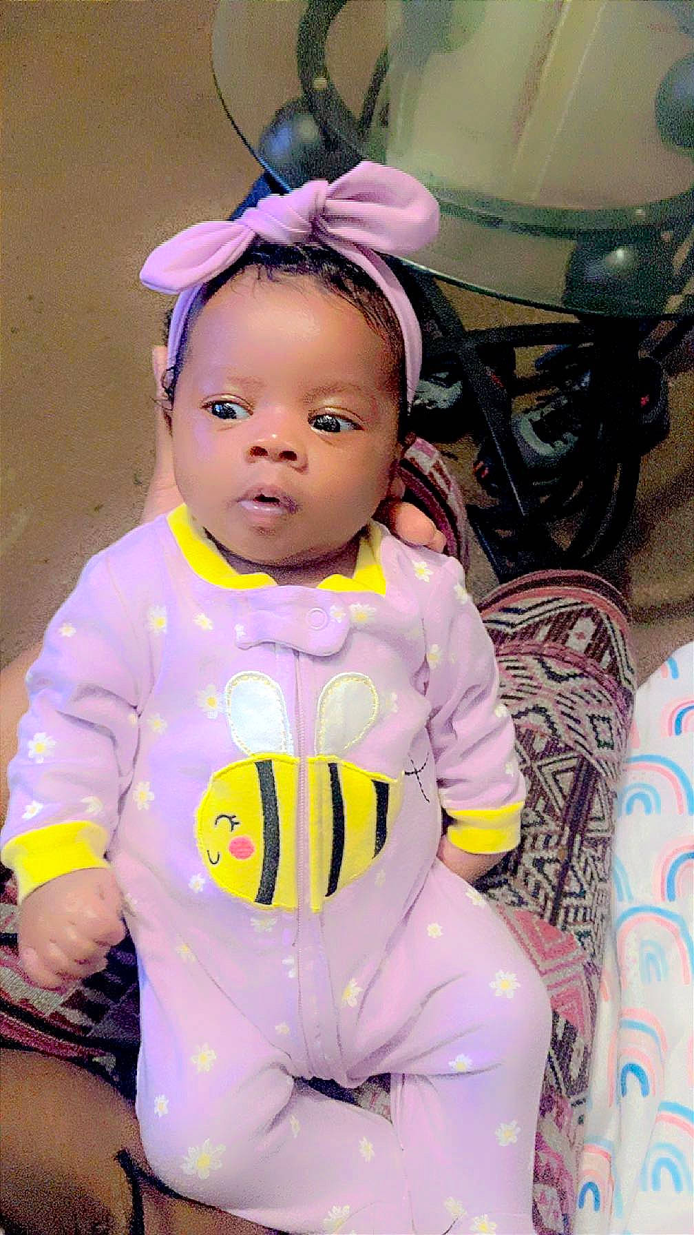 Amor joined the competition — help win amazing prizes! audio_equipment, baby, baby_toddler_clothing, child, cool, costume, fun, hairstyle, happy, headband, magenta, person, personal_protective_equipment, pink, purple, selfie, sitting, sleeve, t_shirt, textile