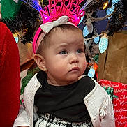 Ziraili joined the competition — help win amazing prizes! baby, bow, cardigan, child, christmas_lights, christmas_tree, cute, dress, earring, face, festive, happy_new_year, headband, holiday, indoor, ornament, portrait, present, sitting, toddler