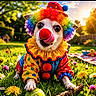 dog, clown_costume, rainbow_wig, red_nose, grass, flowers, butterfly, picnic, sunlight, outdoor, greenery, playful, pet, colorful, animal, summer, cute, tongue_out, nature, funny