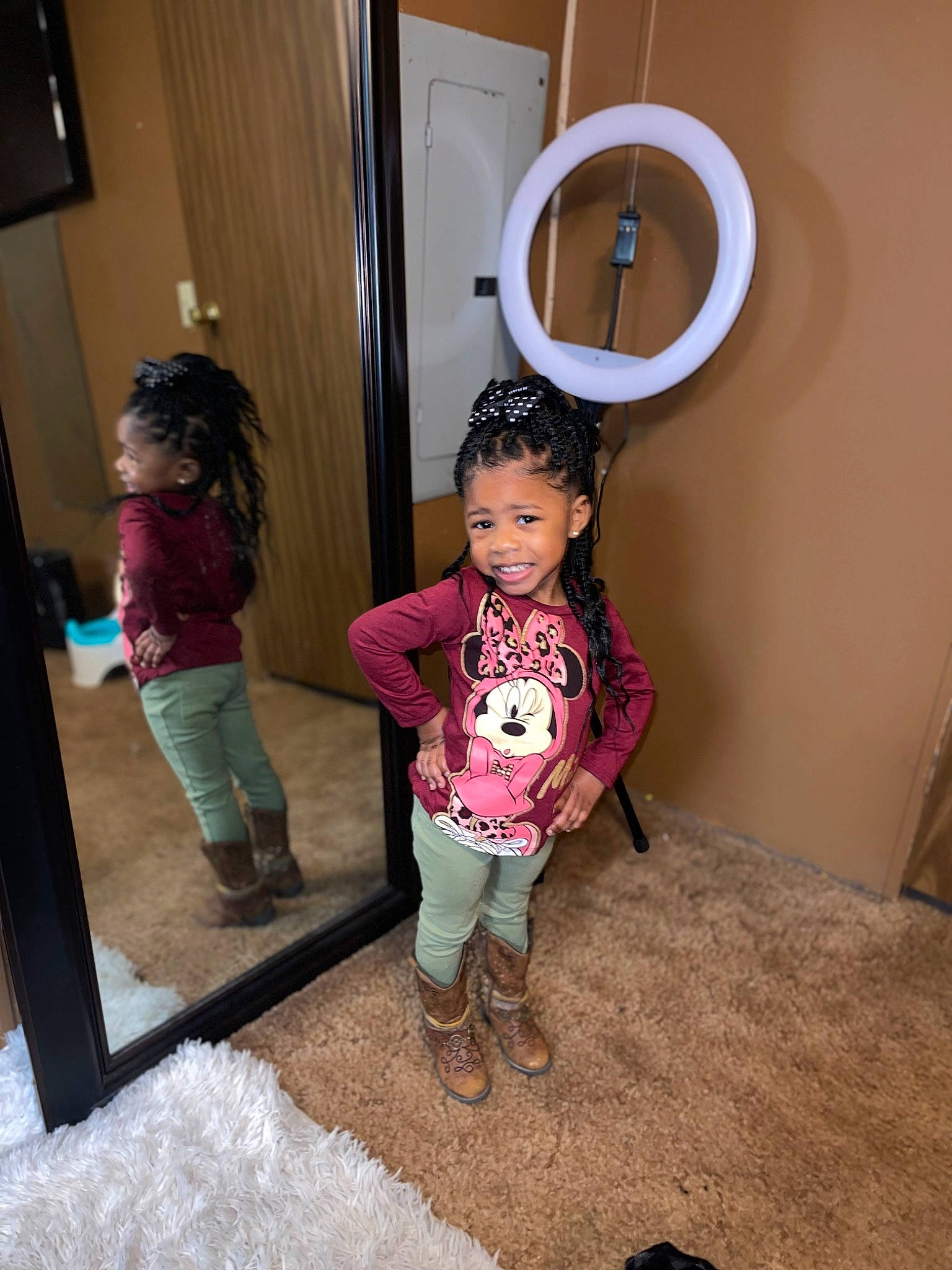 Amora is registered to the contest to win money with this photo: baby_toddler_clothing, child, circle, door, flooring, fun, happy, hat, home_door, joy, leg, leisure, magenta, mirror, person, play, room, sleeve, standing, t_shirt