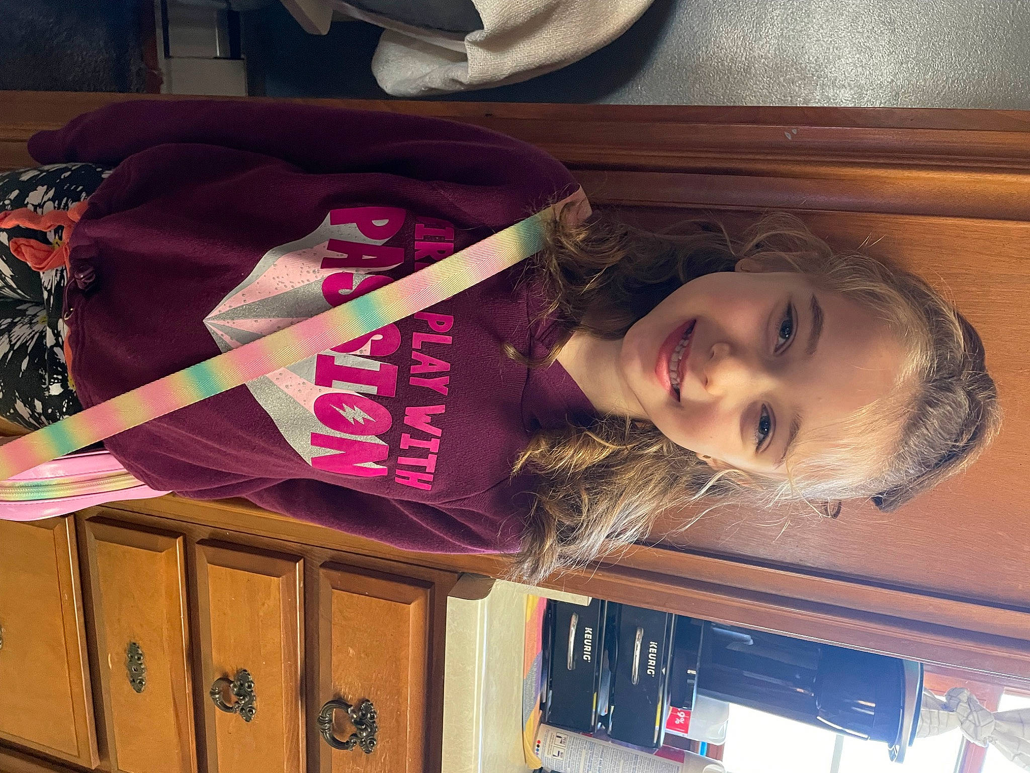 Sydney joined the competition — help win amazing prizes! beauty, carmine, child, cool, eye, fun, hair_coloring, happy, joy, long_hair, magenta, material_property, person, room, selfie, sleeve, smile, t_shirt, wood