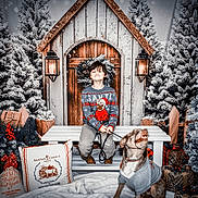 Jasper joined the competition — help win amazing prizes! bench, child, christmas_sweater, decorations, dog, fence, festive, gift, holiday, indoor, lantern, leash, pet, pillow, pine_trees, portrait, smile, snow, winter, wood