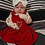 Eva joined the competition — help win amazing prizes! baby, infant, child, red_dress, headband, bow, white_gloves, black_shoes, striped_pillow, blanket, cute, indoors, portrait, lying_down, white_socks, patterned_clothing, holiday_theme, face, person, young_child