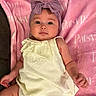 Patsyn joined the competition — help win amazing prizes! baby, blanket, child, close_up, cream_outfit, cute, dress, facial_expression, fashion, headband, indoors, infant, lavender_bow, lying_down, pink_blanket, portrait, sitting, soft_lighting, textile, wide_eyed