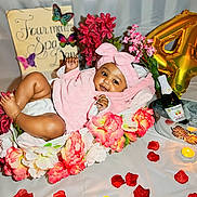 Rayneris joined the competition — help win amazing prizes! baby, balloon, bottle, butterfly_decor, candle, celebration, cute, flower_basket, flowers, headband, ice_bucket, indoor, infant, number_4, pink_clothing, portrait, rose_petals, roses, smiling, table