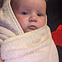Dolly-Mae joined the competition — help win amazing prizes! baby, child, closeup, comfort, cute, expression, eyes, face, head, holding, indoor, infant, newborn, person, portrait, skin, soft, towel, warm, wrapped