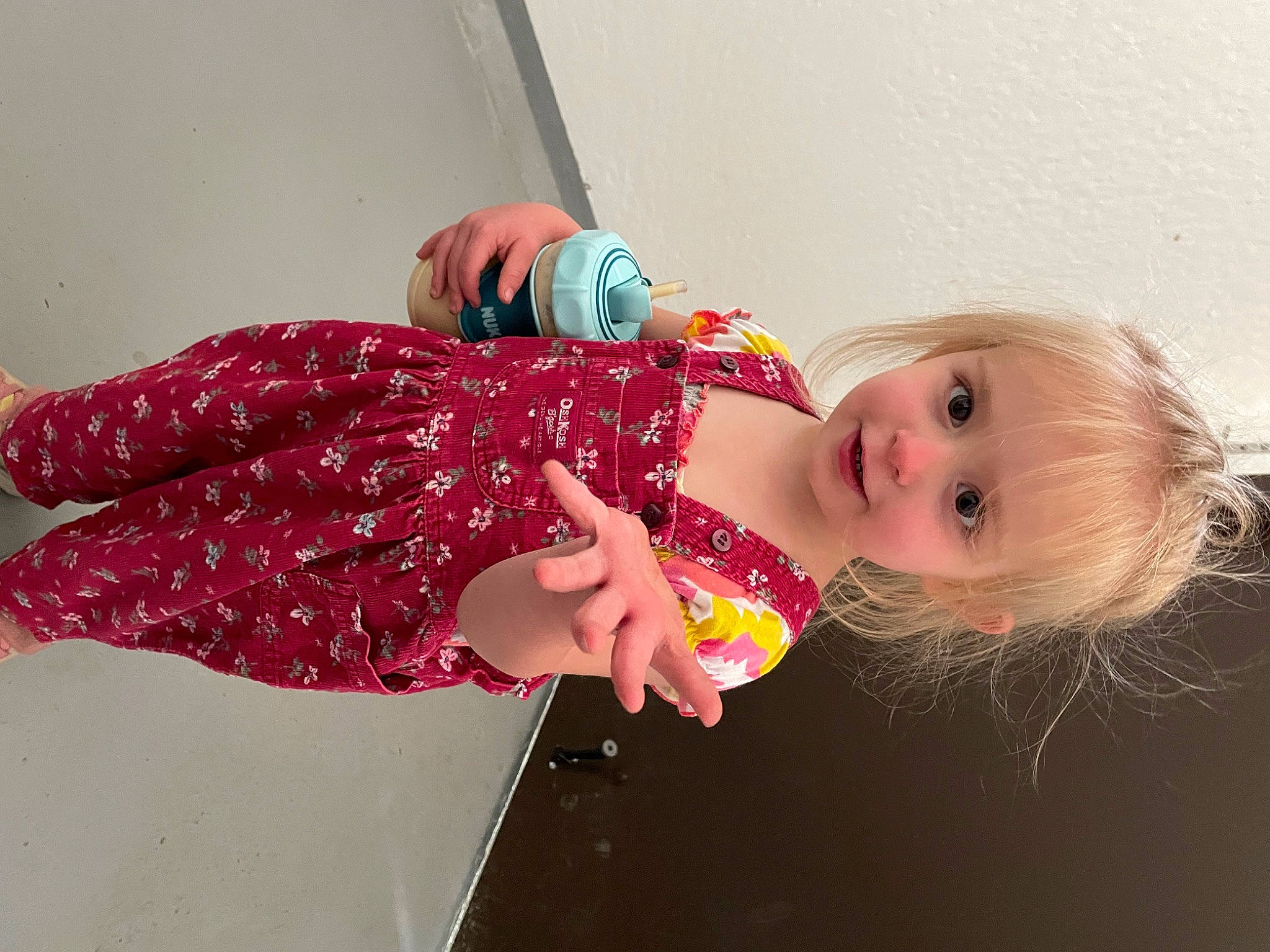 Aspen is registered to the contest to win money with this photo: baby, baby_toddler_clothing, child, day_dress, dress, fun, happy, human_body, human_leg, magenta, pattern, peach, person, pink, room, skin, smile, textile, toddler, toy