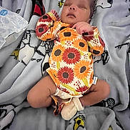 Asani joined the competition — help win amazing prizes! baby, sleeping, onesie, sunflower_pattern, blanket, cartoon_dog, infant, cozy, soft_lighting, clothing, newborn, cute, resting, indoors, person, fabric, comfort, small, peaceful, warm