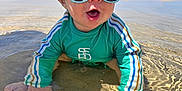 Kenai is registered to the contest to win money with this photo: baby, beach, blue_sky, casual, child, happy, ocean, outdoor, playful, reflection, sand, splashing, summer, sunglasses, sunny, swimwear, toddler, vacation, water, wet_hair