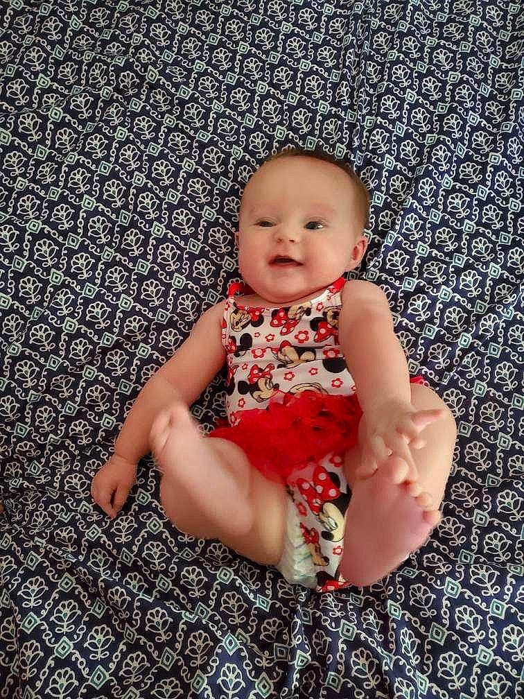 Madisyn joined the competition — help win amazing prizes! baby, child, pattern, person, sitting, skin, smile, toddler