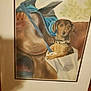Tiny joined the competition — help win amazing prizes! painting, dog, saddle, bag, blue_strap, framed_art, artwork, animal_portrait, brown, leather, collar, canvas, indoor, reflection, glass_frame, carpet, wood_frame, decor, pet, realistic