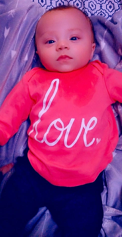 Karma joined the competition — help win amazing prizes! baby, baby_toddler_clothing, blue, cheek, cool, electric_blue, eye, finger, gesture, happy, head, lip, magenta, nose, person, personal_protective_equipment, pink, sleeve, t_shirt, thumb