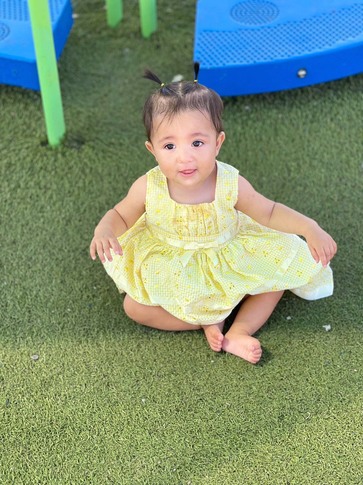 Lilibeth joined the competition — help win amazing prizes! baby, baby_toddler_clothing, barefoot, child, chute, foot, fun, grass, happy, leisure, people_in_nature, person, play, playground, public_space, recreation, sandal, sitting, smile, summer
