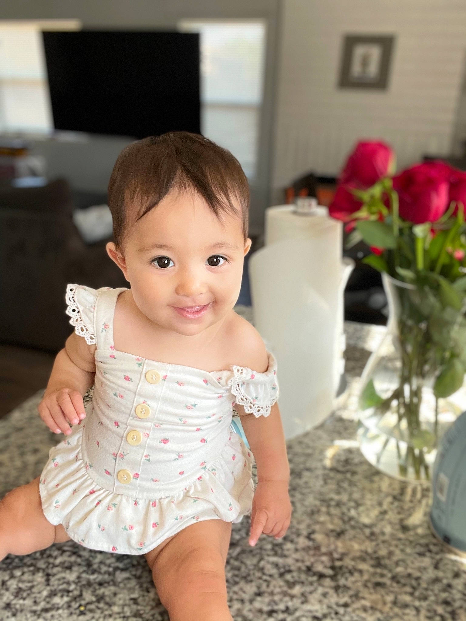 Lilibeth joined the competition — help win amazing prizes! baby, baby_toddler_clothing, cheek, day_dress, dress, face, flooring, flower, hair, happy, head, joy, neck, one_piece_garment, person, pink, plant, skin, sleeve, smile